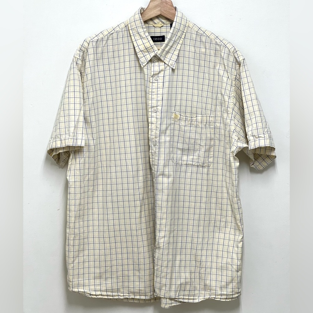 IZOD Men's Cotton Cream Color Button Up Plaid Shirt Size L